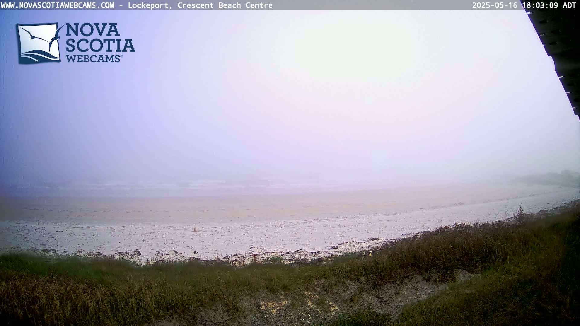 A foggy beach scene is visible from a high vantage point, showing a wide expanse of sand and water extending to the hazy horizon.
