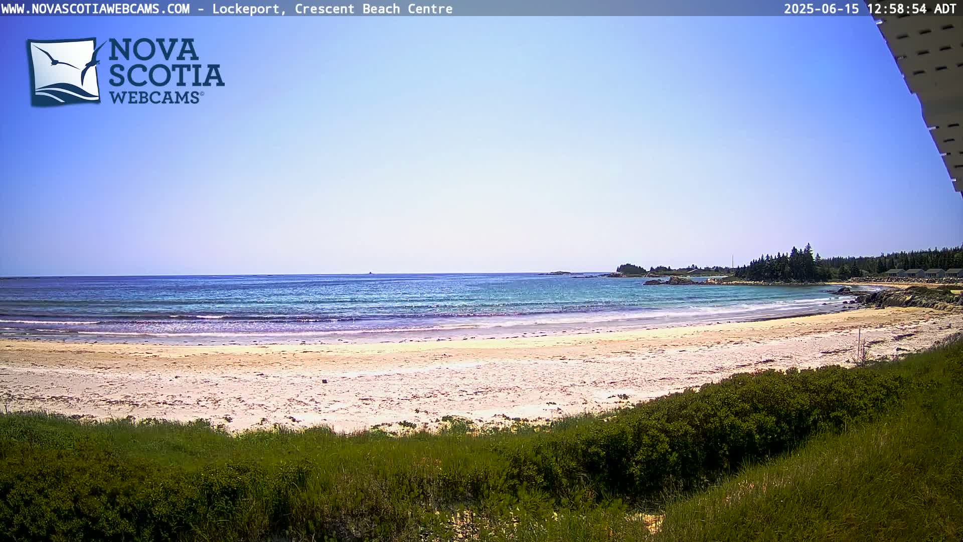 A sandy beach curves gently into a calm ocean under a clear blue sky.