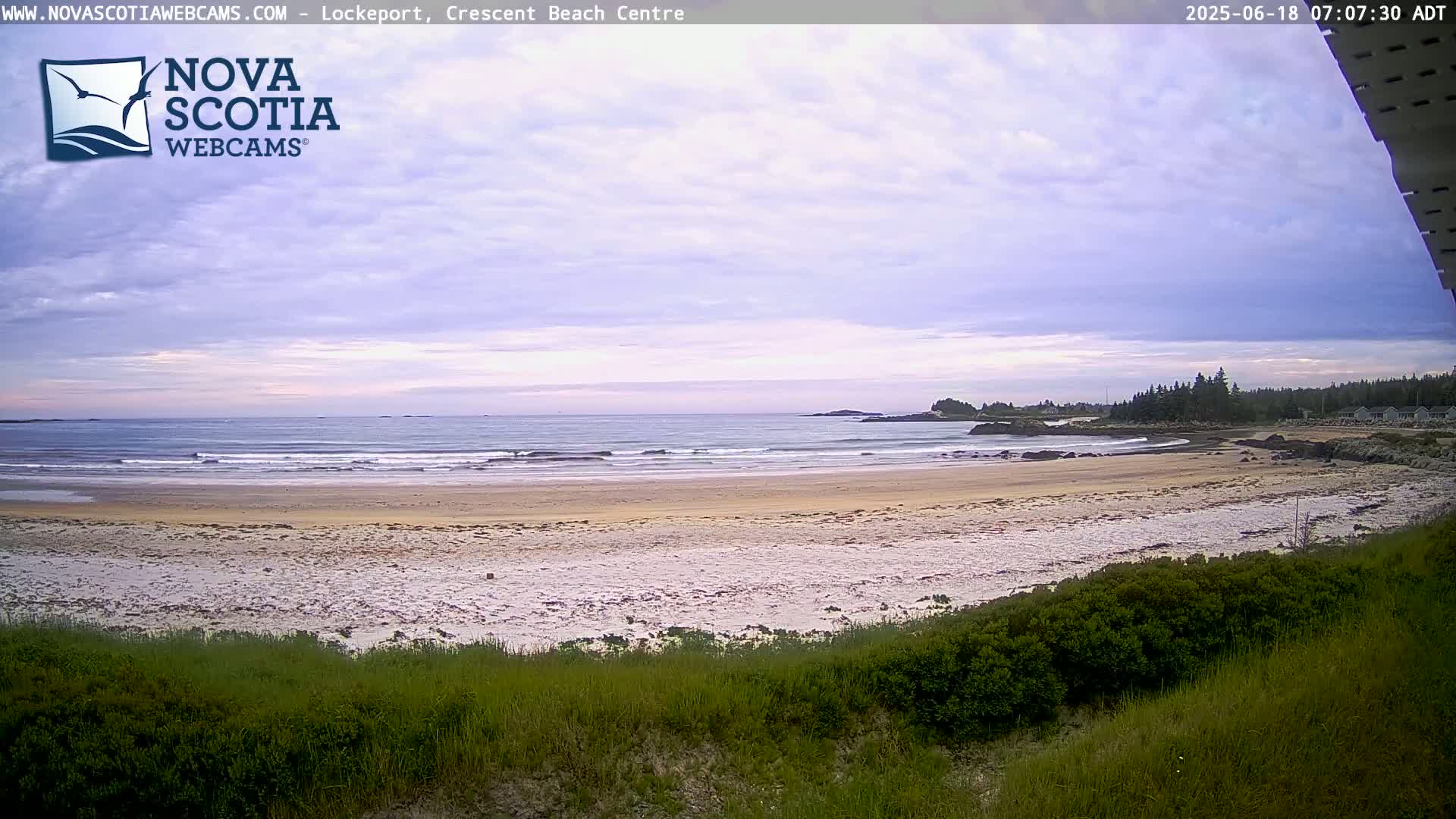 A sandy beach with gentle waves under a partly cloudy sky is seen from behind a line of low-lying vegetation.
