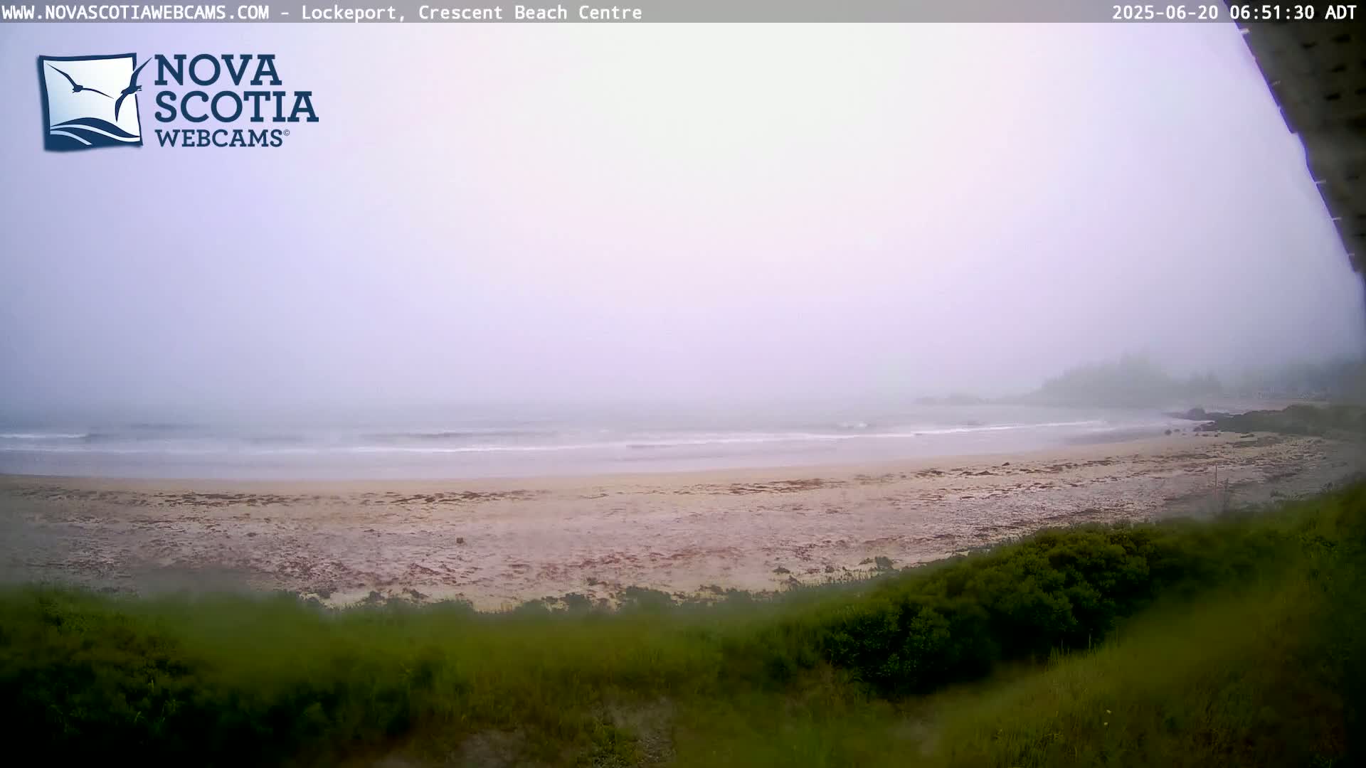 A foggy beach scene shows a sandy shore with gentle waves meeting the ocean under a hazy sky.