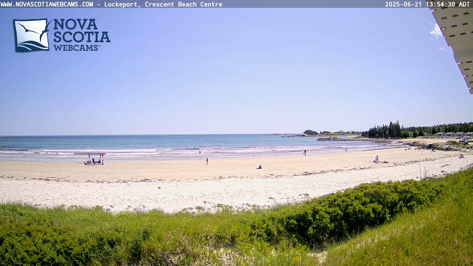 A sandy beach with a few people on it stretches out to a calm ocean under a clear blue sky.