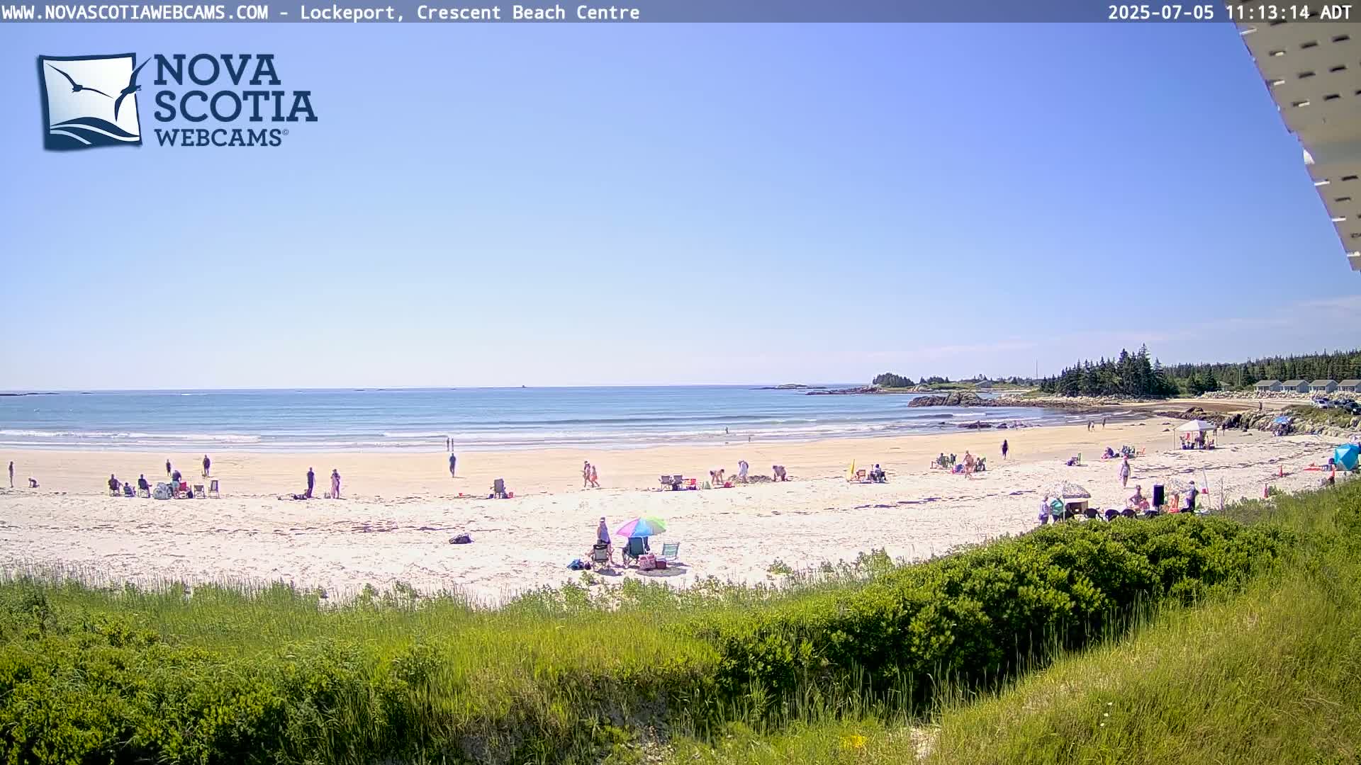 A sandy beach with scattered people under a clear blue sky, viewed from a slightly elevated vantage point.