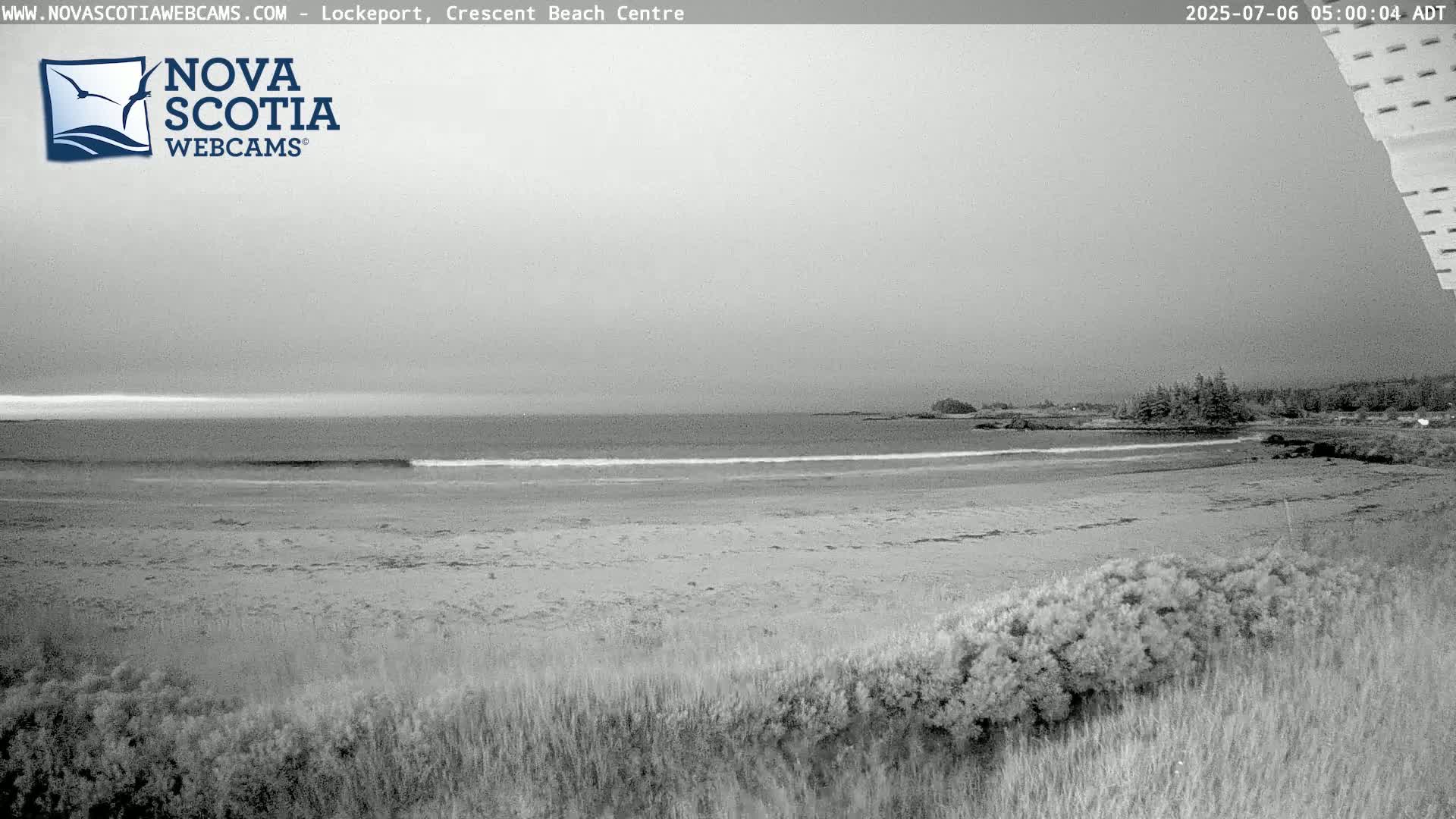 A grayscale image shows a mostly calm beach with a small wave breaking near the shore under an overcast sky.