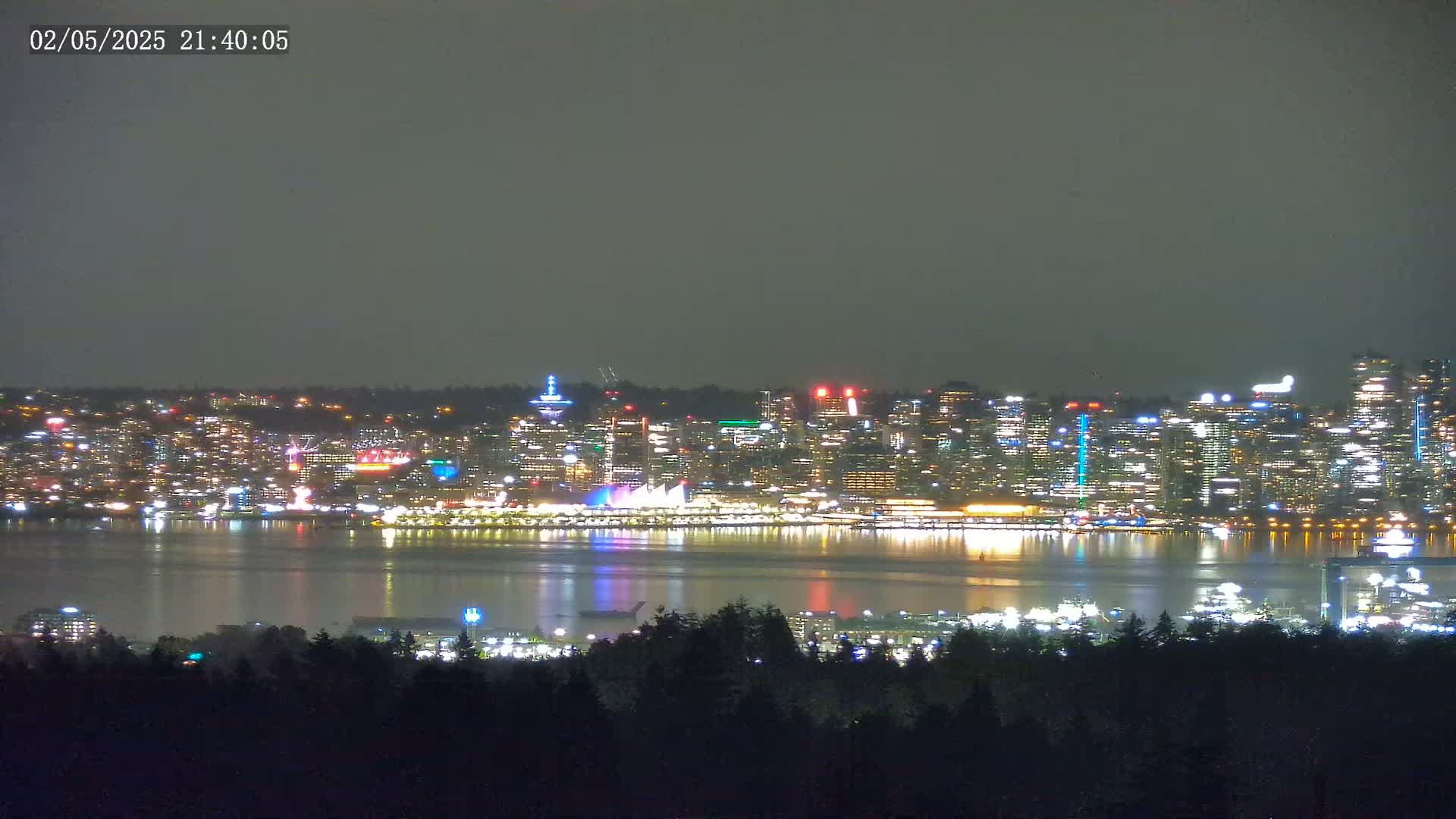 A brightly lit city skyline across a calm body of water is viewed from a distance at night under a dark, overcast sky.