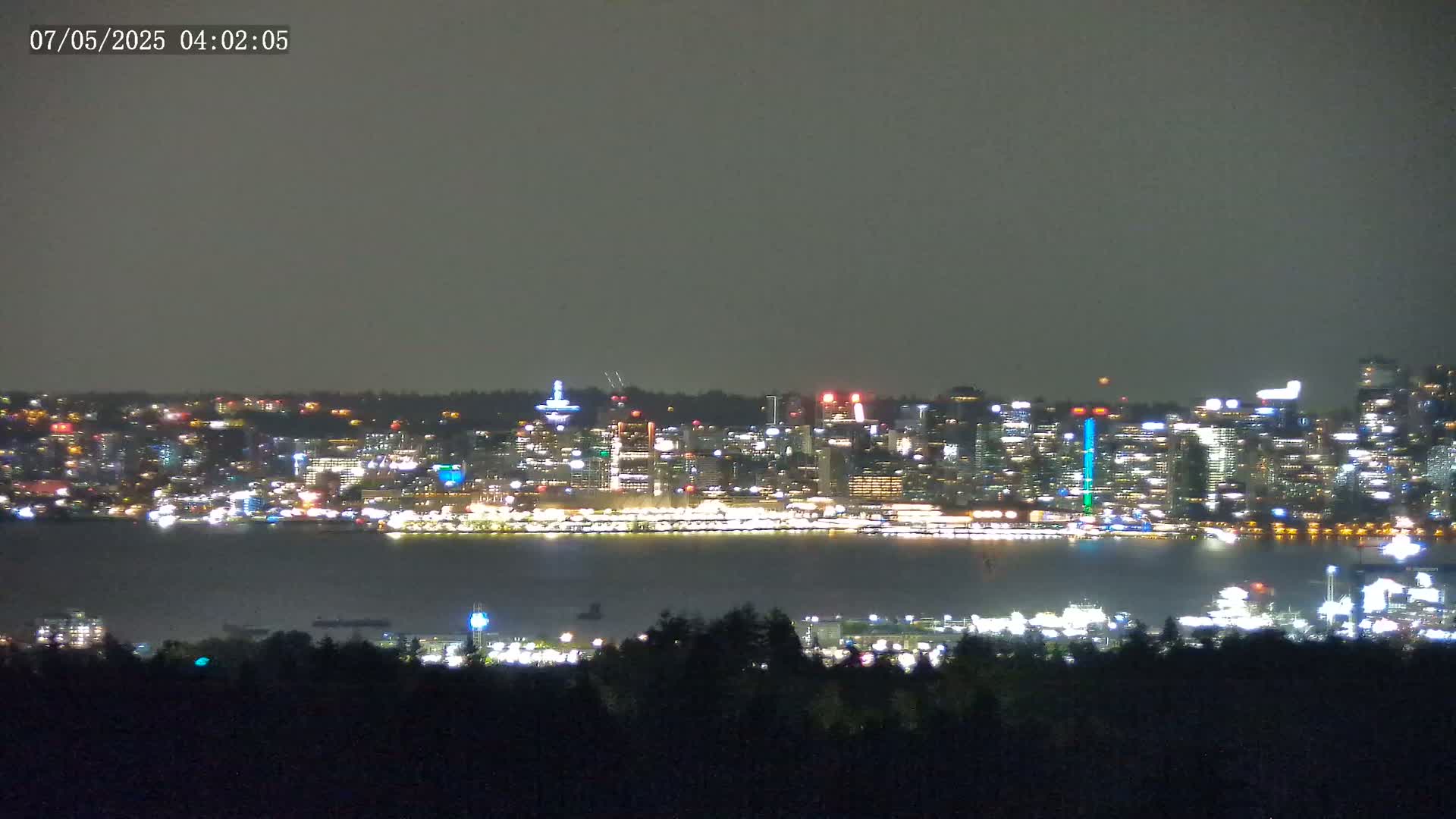 A brightly lit city skyline is visible across a dark body of water at night under an overcast sky.