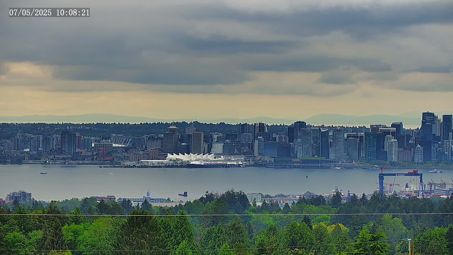 A city skyline with numerous skyscrapers and a large white building near a body of water is visible under a cloudy sky from a distance, with a lush green forest in the foreground.
