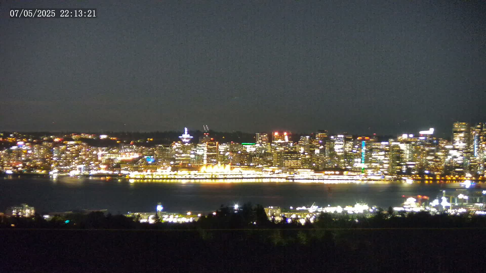A brightly lit city skyline at night is visible across a dark body of water from a vantage point across a dark, treeline.