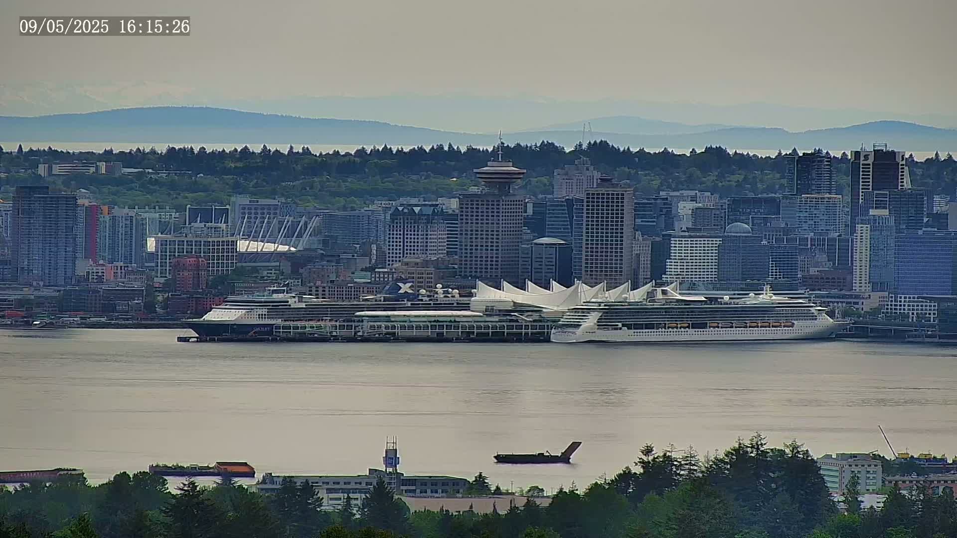 Two large cruise ships are docked in a city harbor on an overcast day, with a cityscape and distant mountains visible in the background.