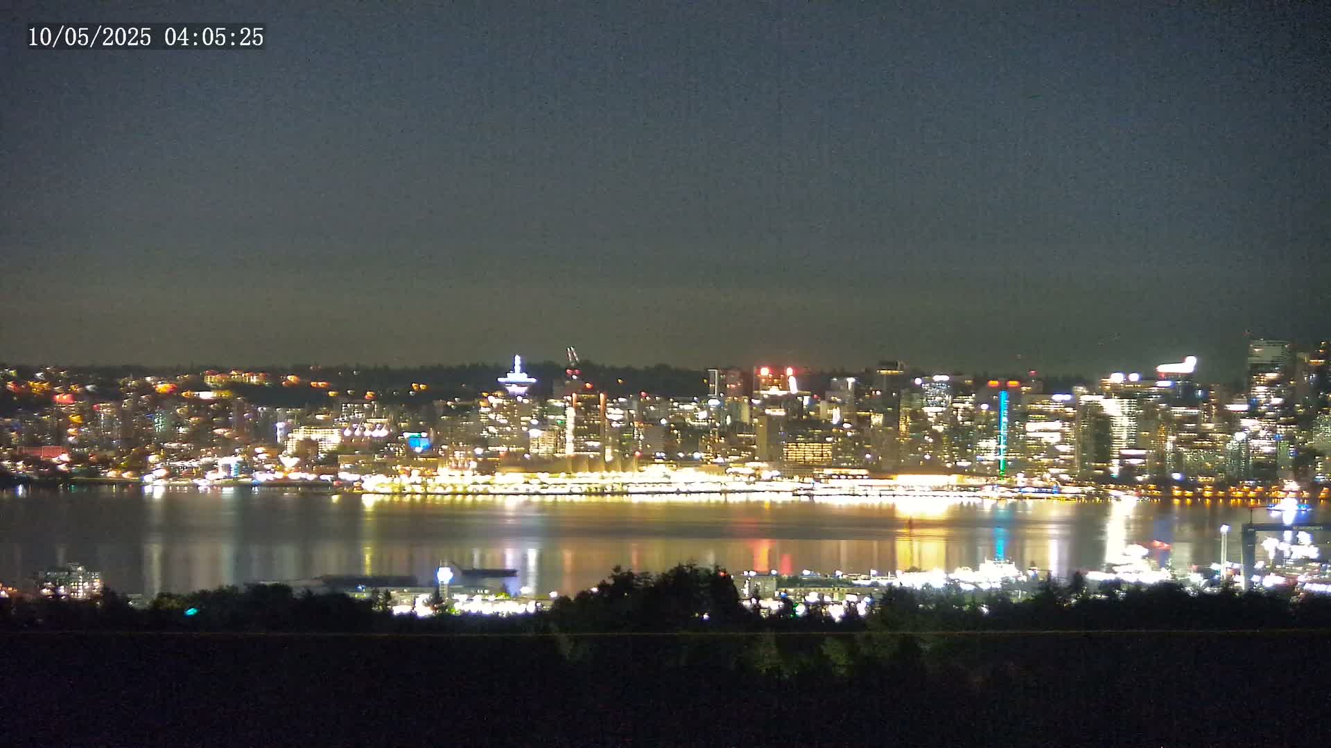 A brightly lit city skyline across a calm body of water is viewed from a distance at night.