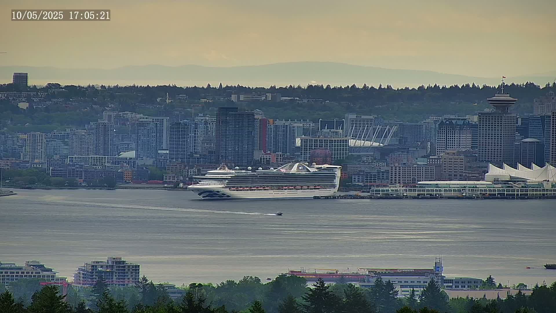 A large cruise ship is in the water near a city skyline on an overcast day.