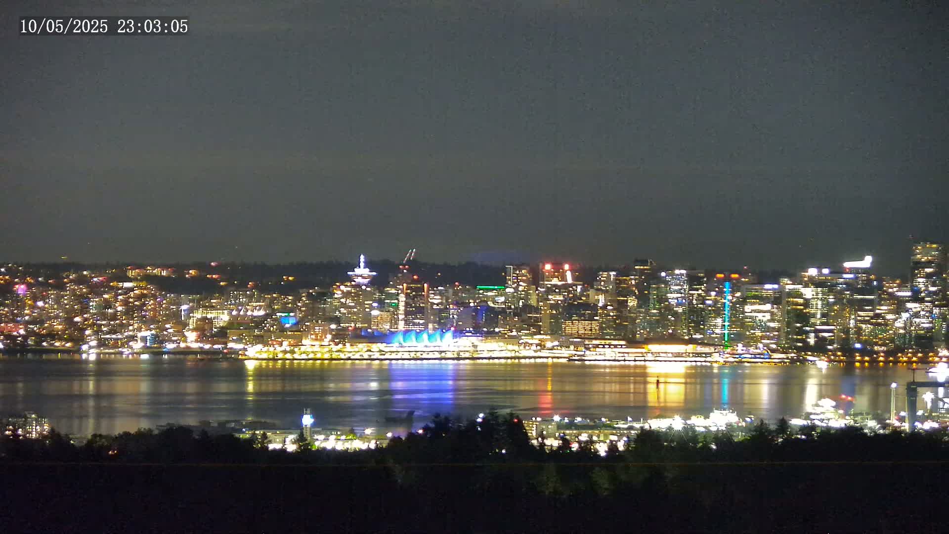 A brightly lit city skyline across a calm body of water is seen at night from a distance.