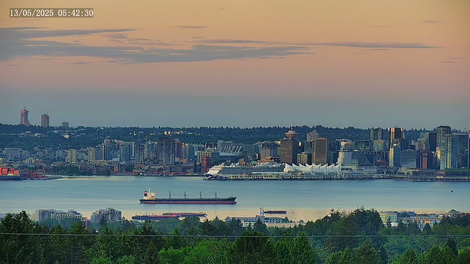 A distant cityscape with several skyscrapers and a cruise ship is visible across a calm body of water under a pale pink and blue sunset sky.