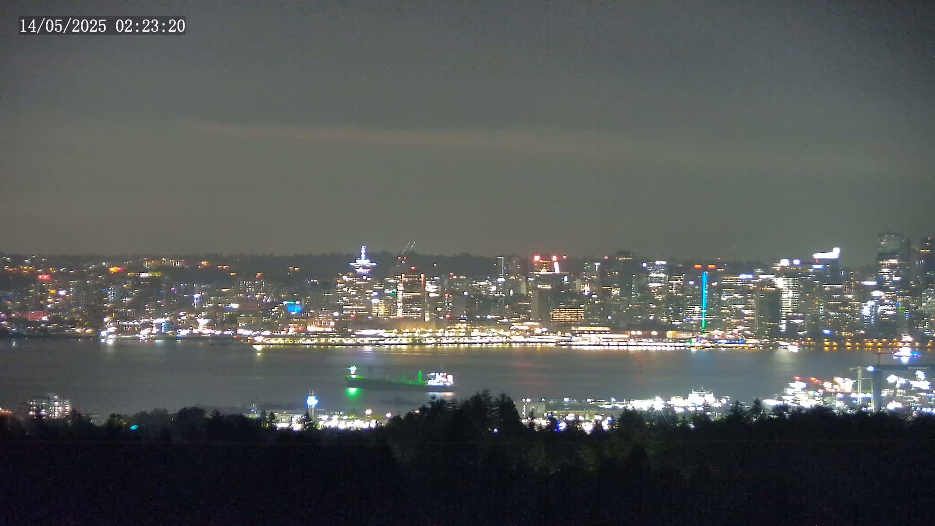 A nighttime view from across a body of water shows a brightly lit city skyline under a hazy, dark sky.