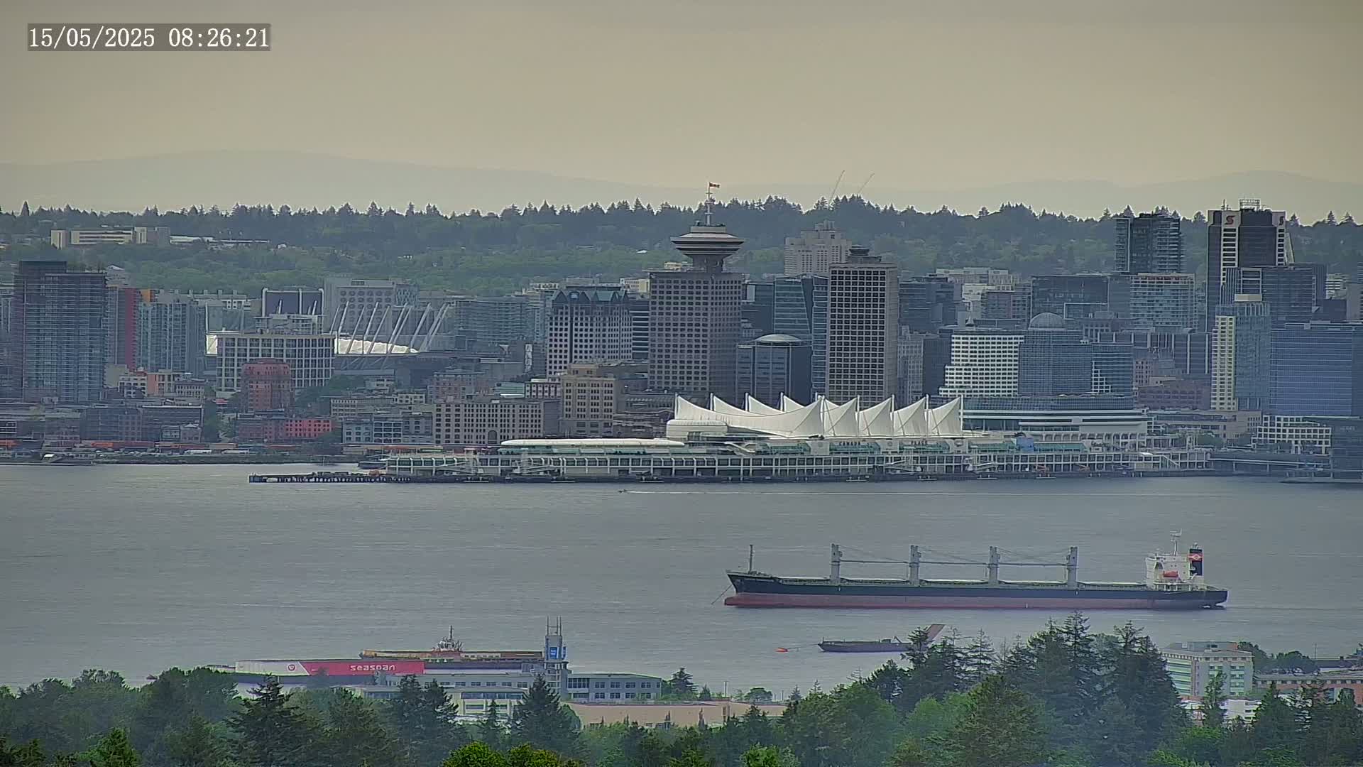 A large cargo ship is in the water in front of a city skyline on a hazy day.