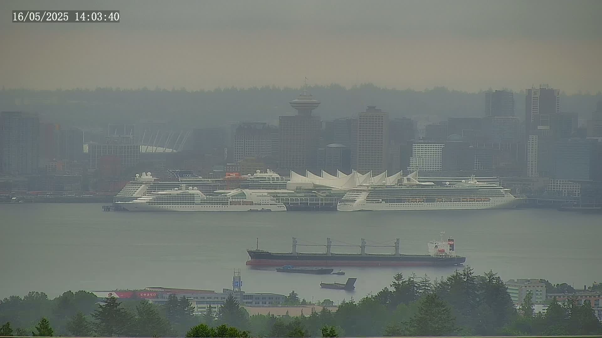 Several cruise ships are docked at a city harbor on a hazy day, with a large cargo ship and smaller vessels in the foreground.