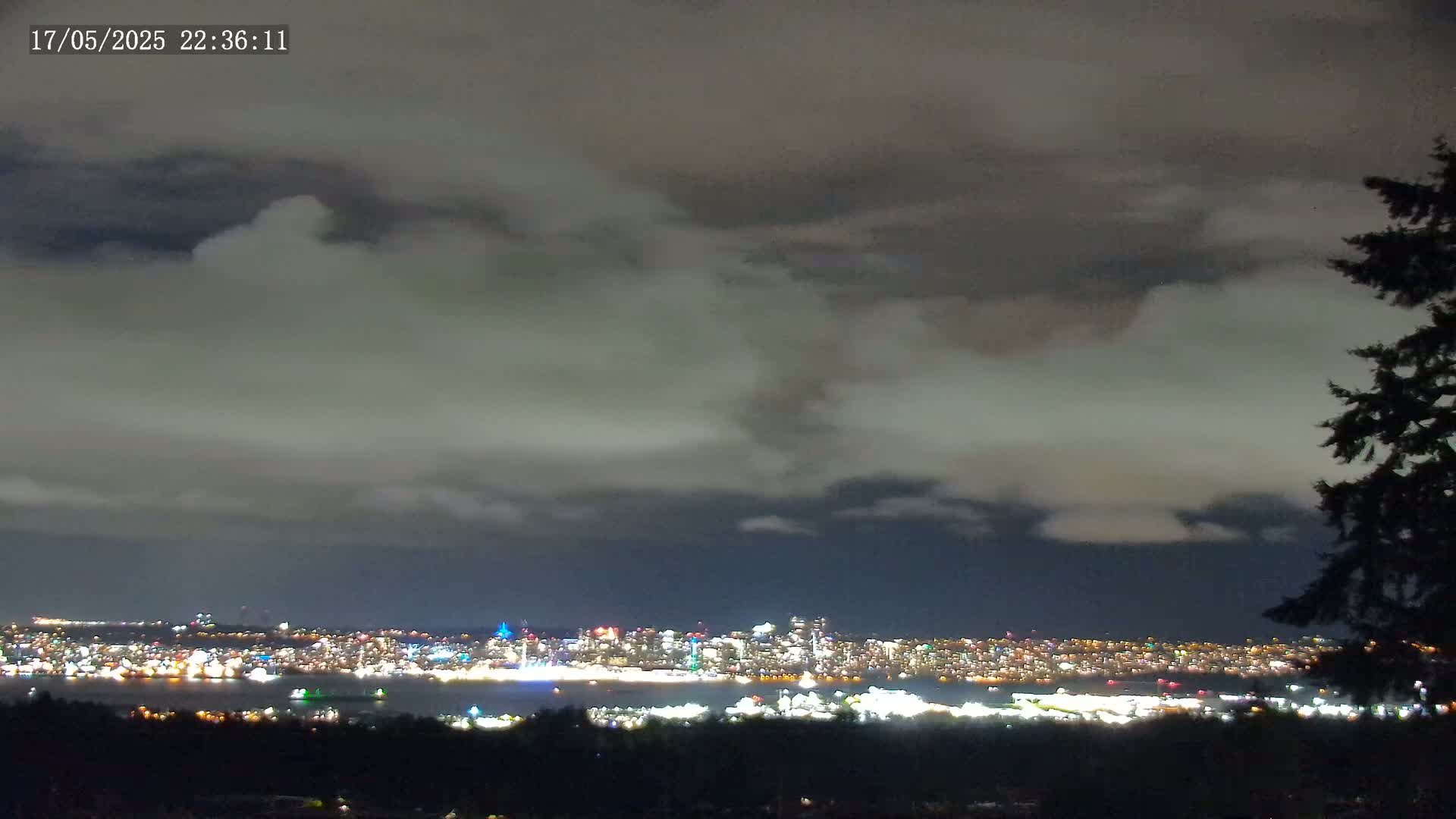 A nighttime view of a brightly lit city across a body of water, under a cloudy sky.