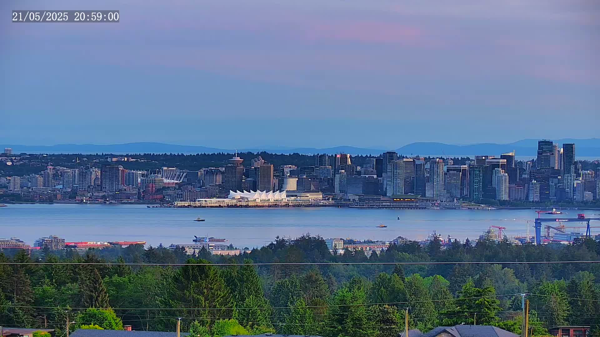 A cityscape across a body of water is viewed from a distance under a twilight sky, with lush green trees in the foreground.