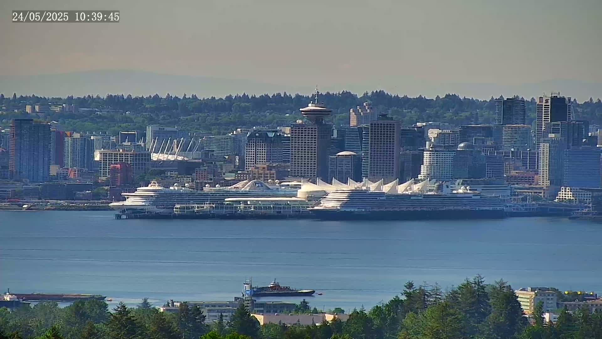 A hazy view of a city skyline with several large cruise ships docked at the waterfront.