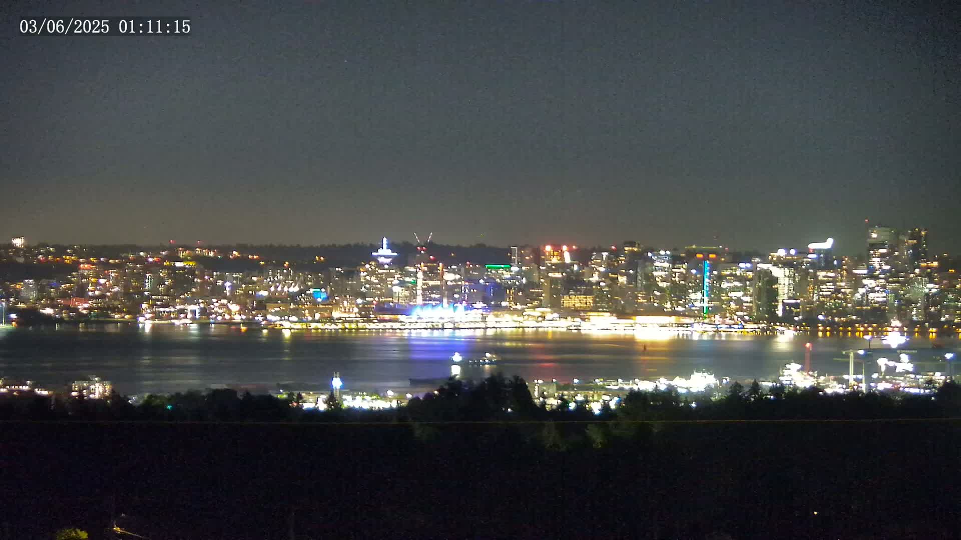 A brightly lit city skyline is seen across a dark body of water at night.