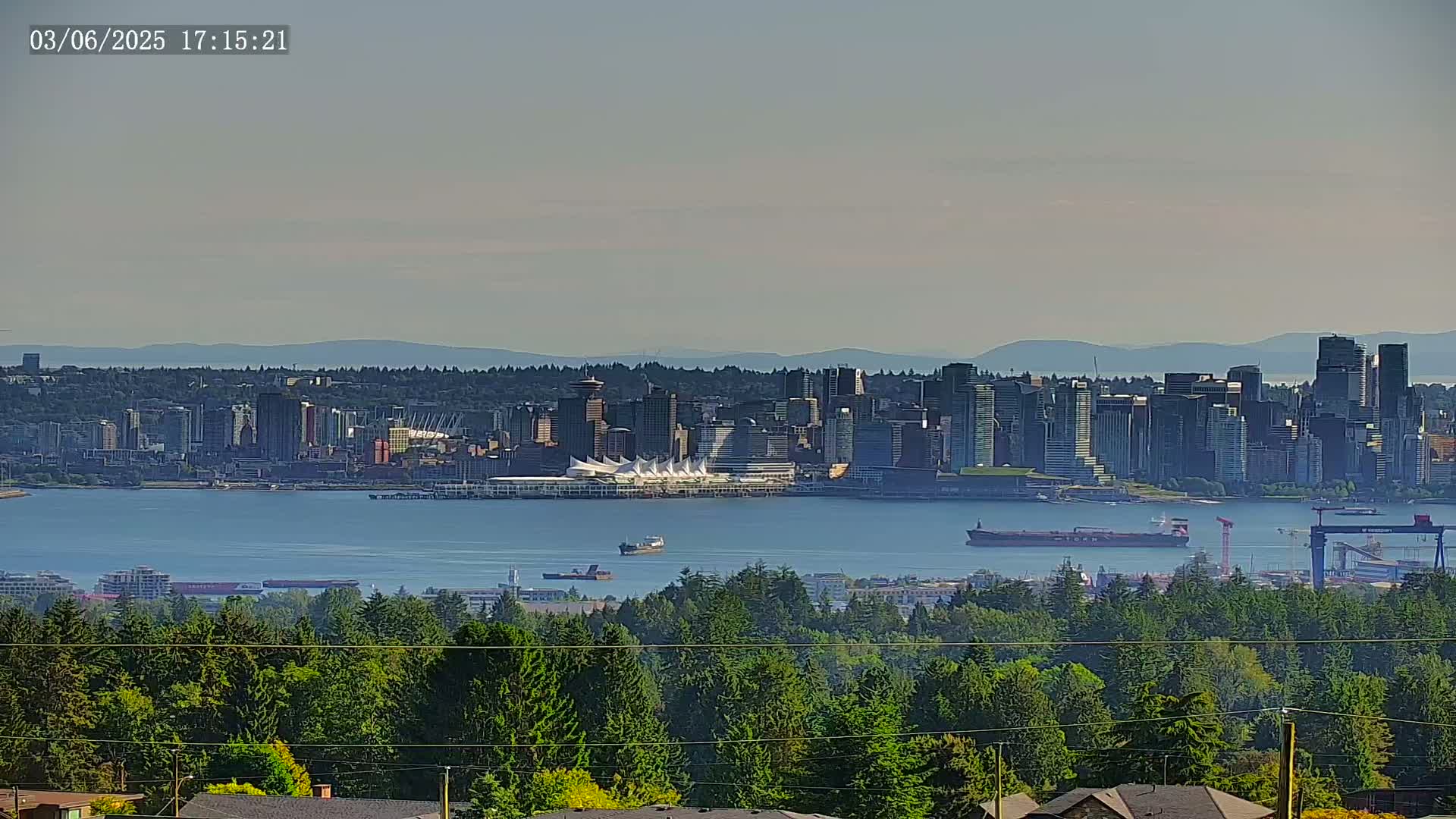 A distant cityscape on a hazy, sunny day is seen from across a body of water, behind a foreground of evergreen trees.
