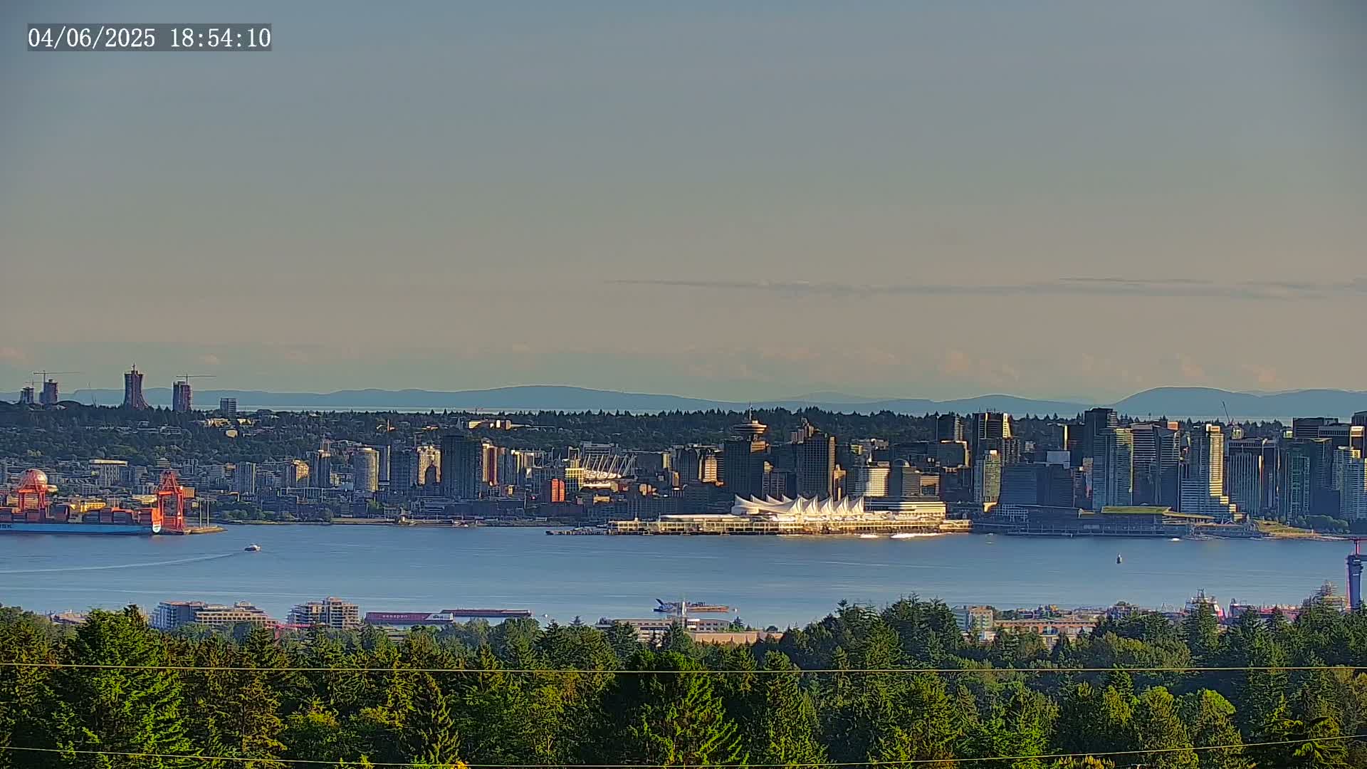 A distant view of a city skyline across a body of water on a partly cloudy day, observed from a vantage point above a forest.