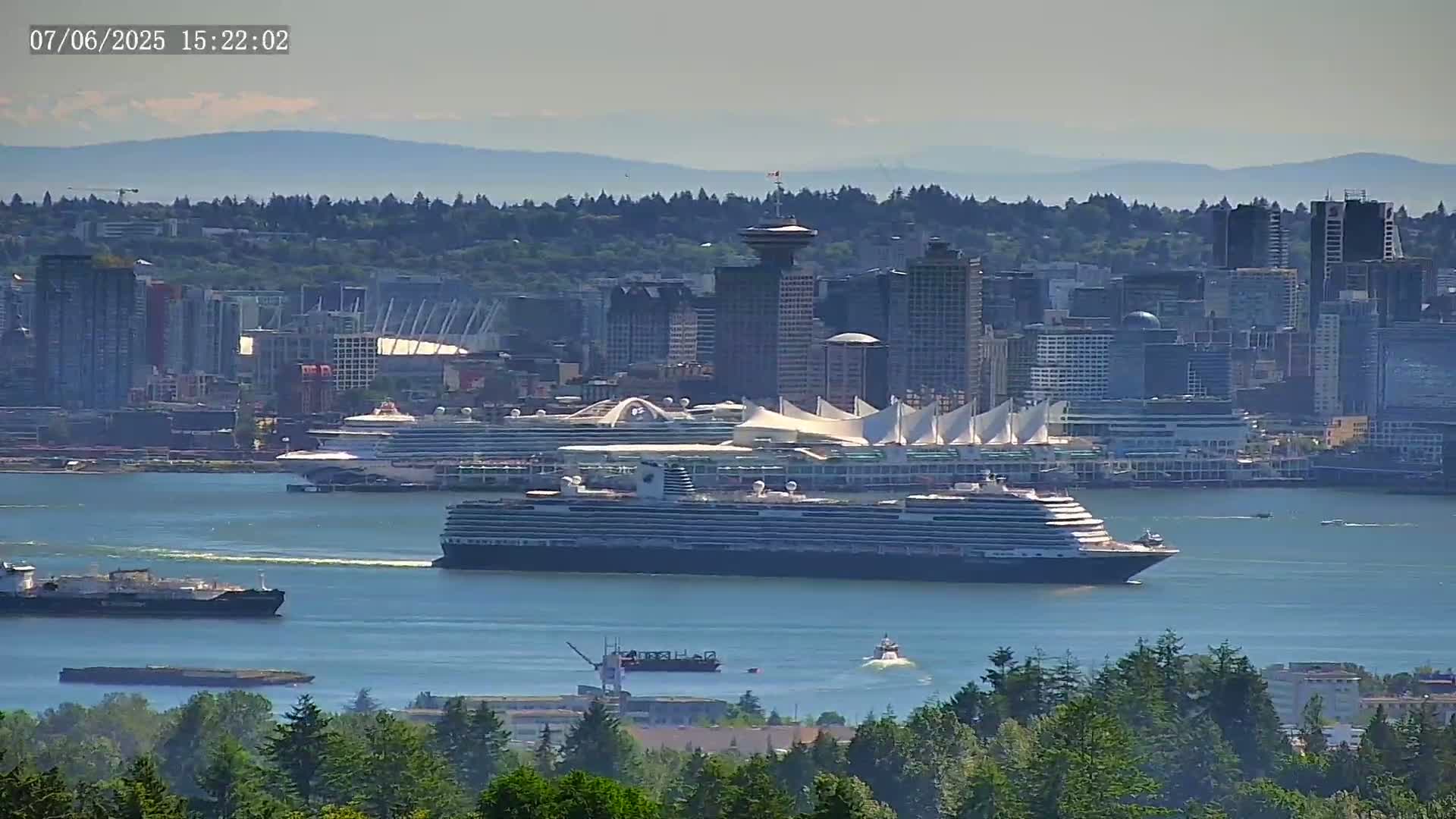 A large cruise ship and several smaller vessels are in a harbor, with a city skyline and mountains visible in the background on a sunny day.
