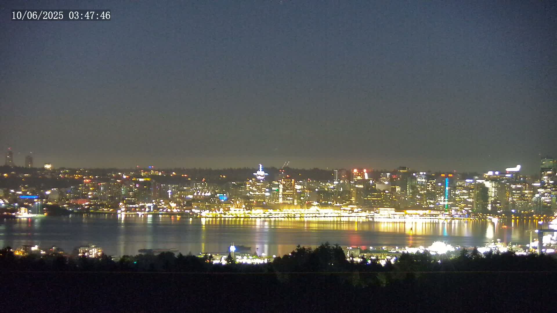 A brightly lit city skyline across a calm body of water is viewed from a distance at night under a dark sky.