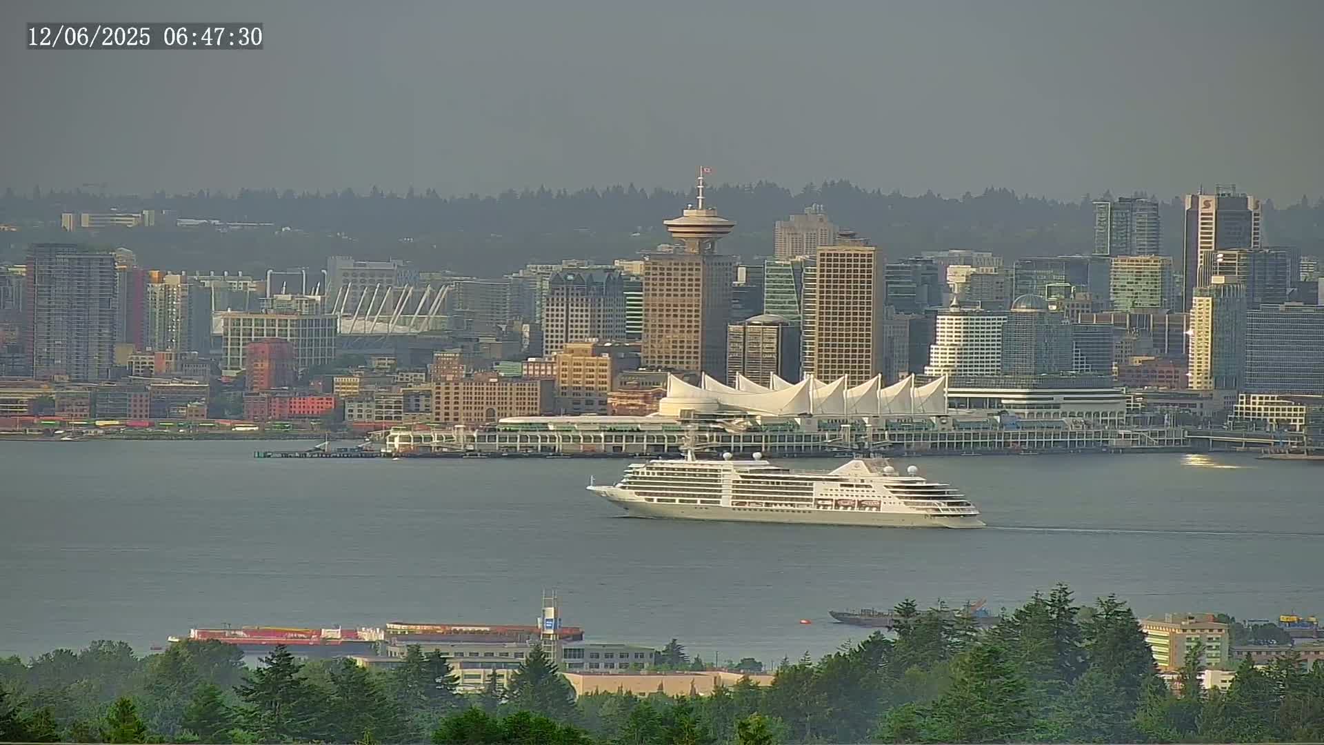A large cruise ship is in the harbor in front of a city skyline on an overcast day.