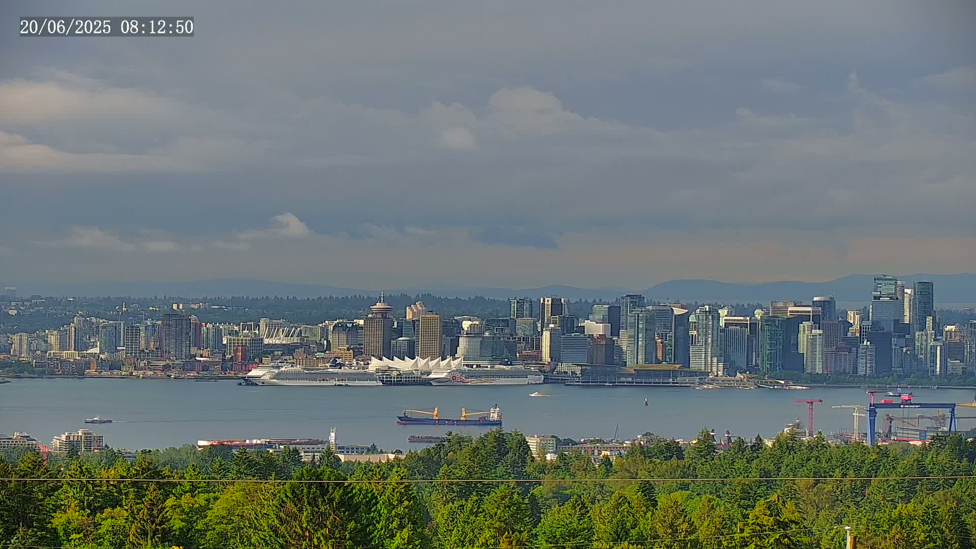 A distant view of a city skyline across a body of water under a partly cloudy sky, seen from a vantage point above a line of green trees.