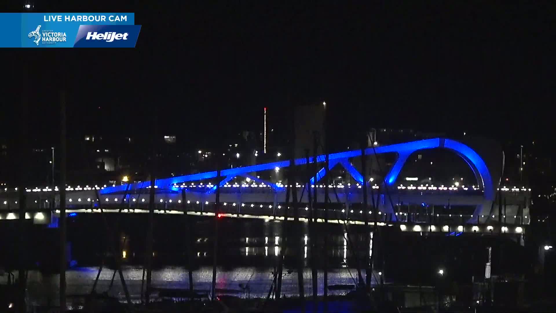 A modern bridge, illuminated in blue at night, spans a dark body of water with boats moored below.