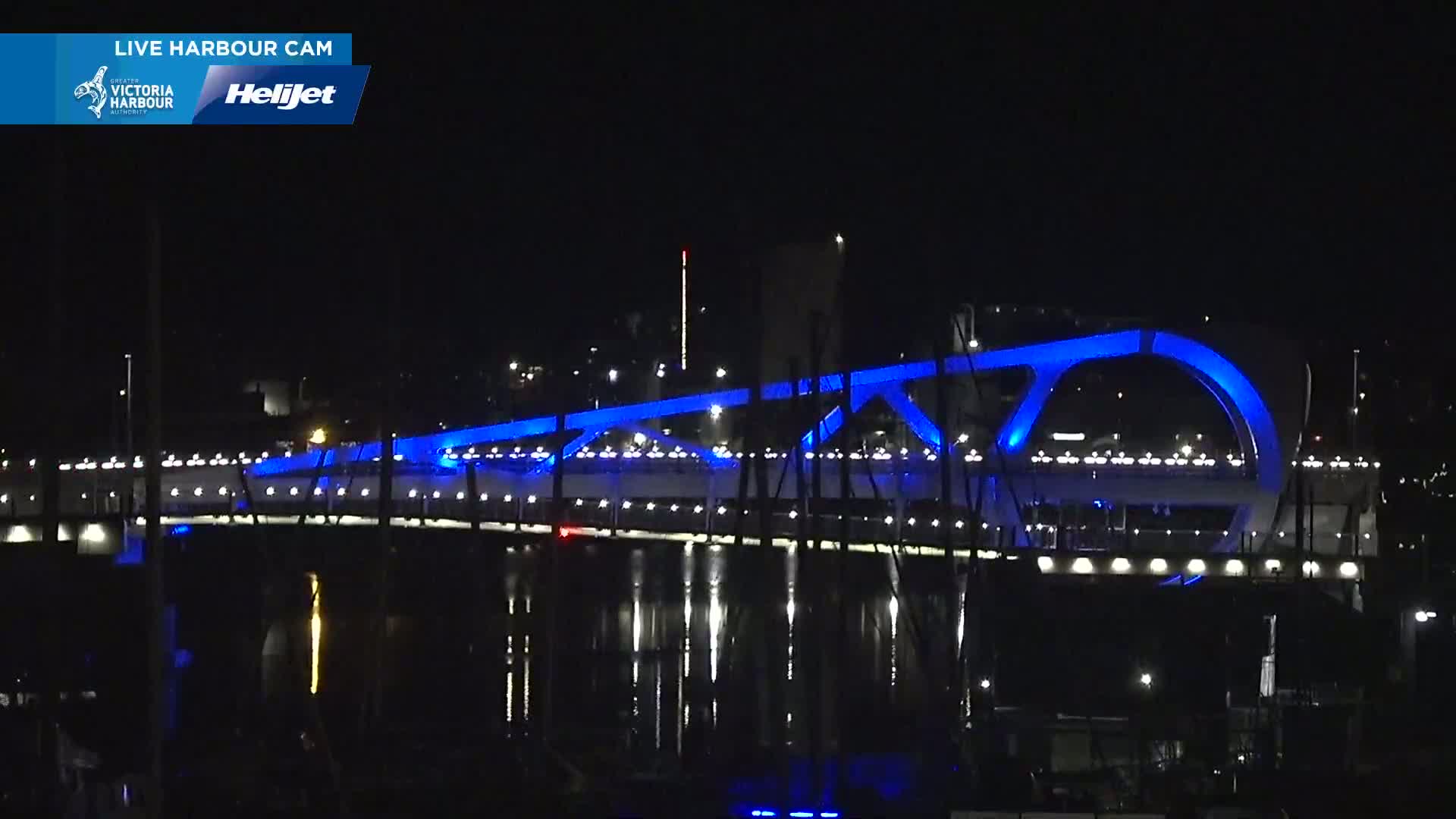 A bridge, illuminated in blue, spans a dark body of water at night.