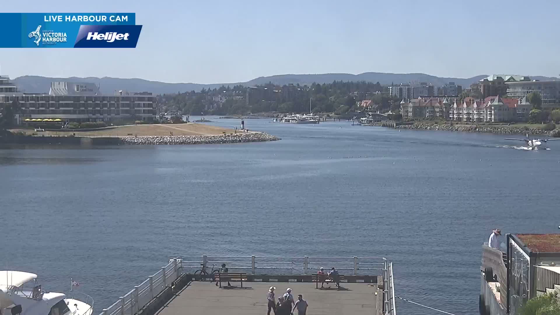 A seaplane flies over a calm harbor on a sunny day, with a waterfront area featuring buildings, boats, and people gathered on a pier.