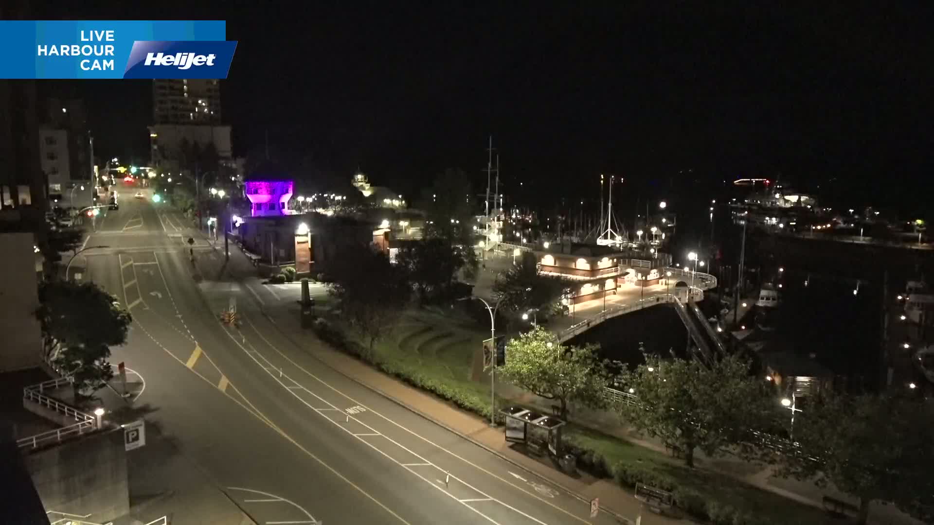 A nighttime, high-angle view of a harbor with docked boats and a mostly empty road next to a park.