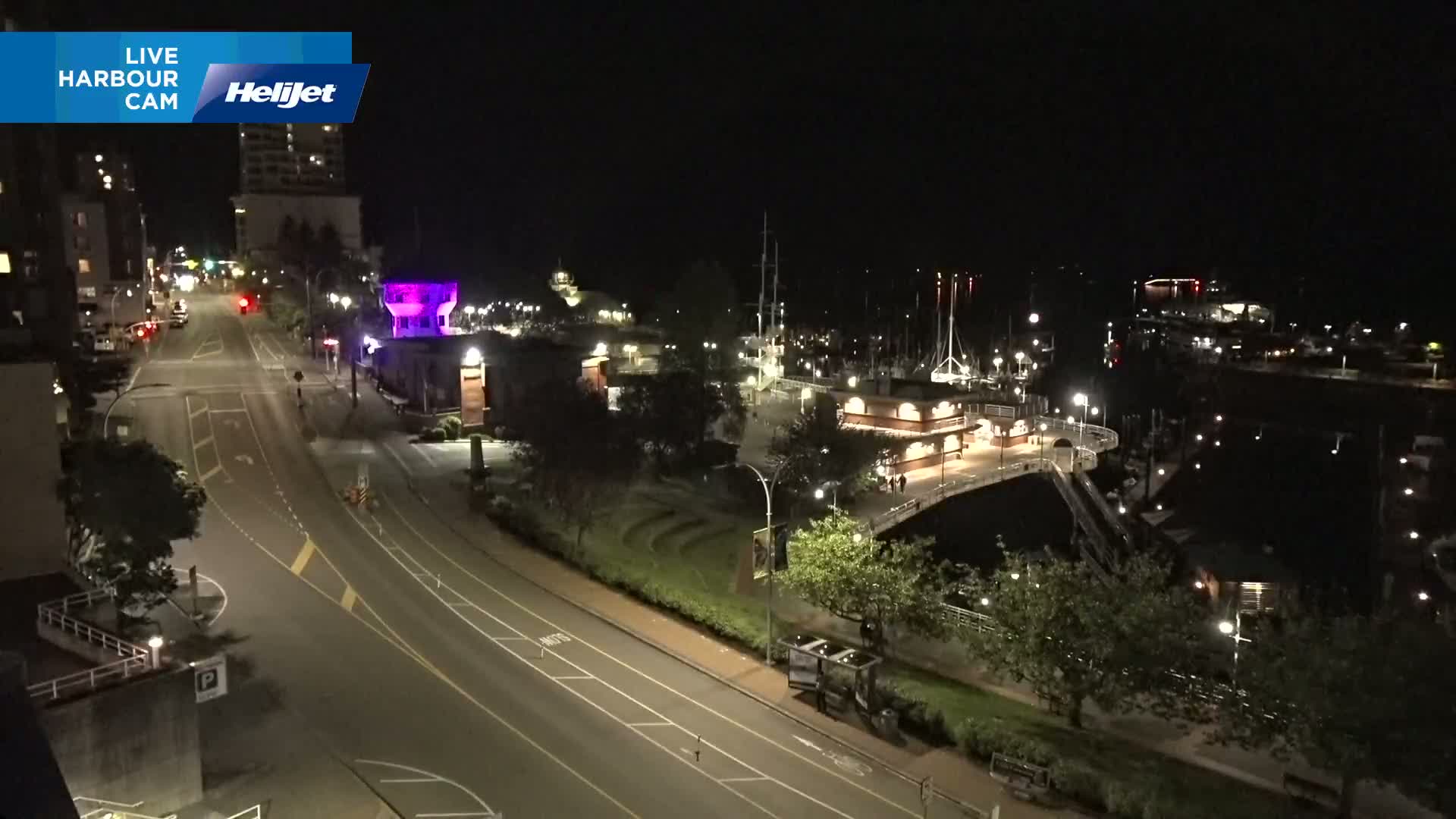 A nighttime view of a harbor with boats docked, a roadway with minimal traffic, and surrounding parkland illuminated by streetlights.