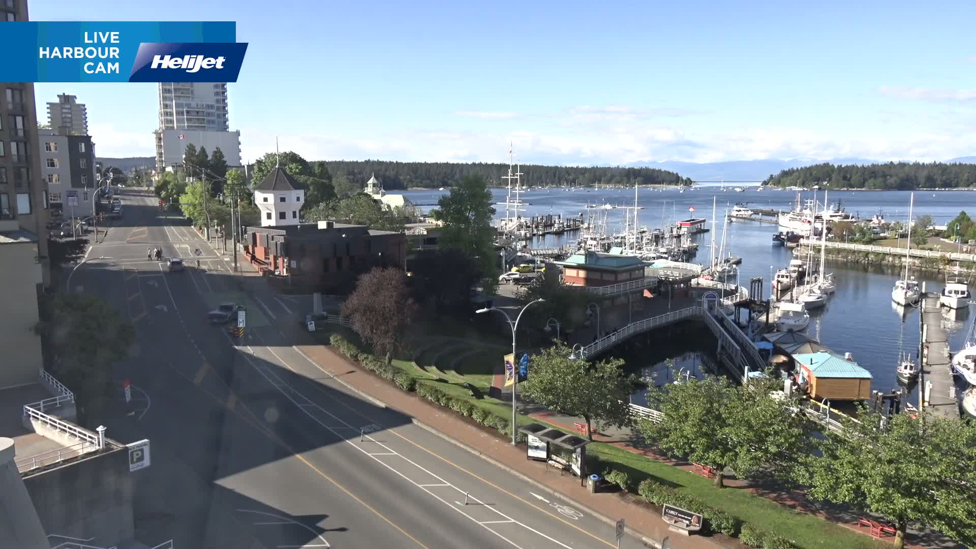 A sunny day reveals a harbor filled with boats and yachts, a road leading to it, and buildings lining the waterfront.