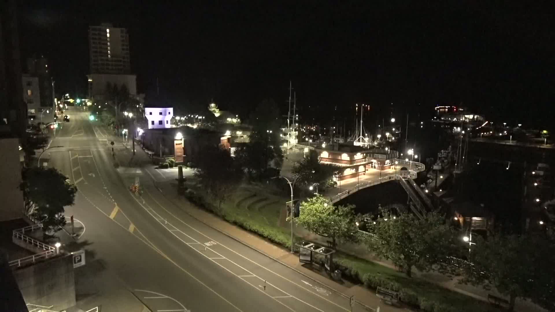 A nighttime view of a mostly empty harborside road and marina with several boats docked, under a clear sky.