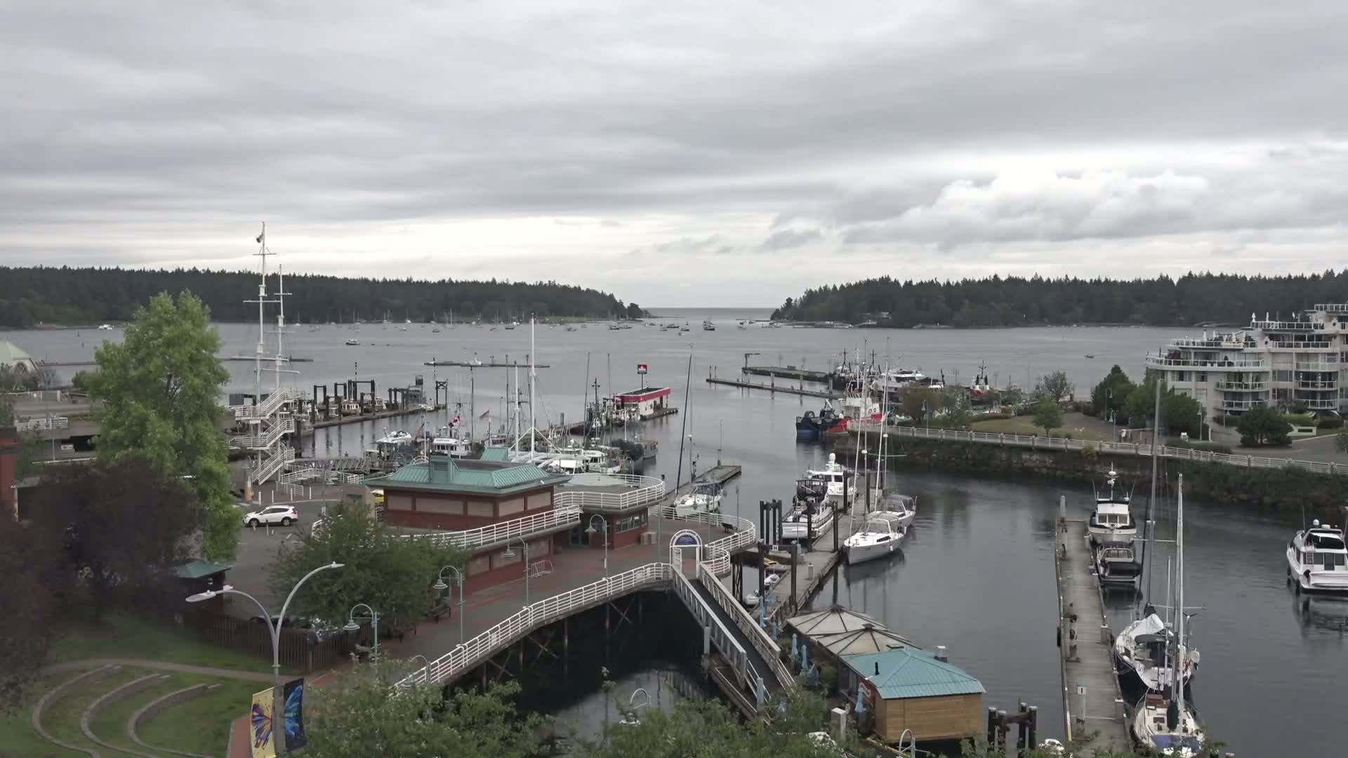 A harbor filled with numerous boats and yachts under a cloudy sky is seen from an elevated vantage point.