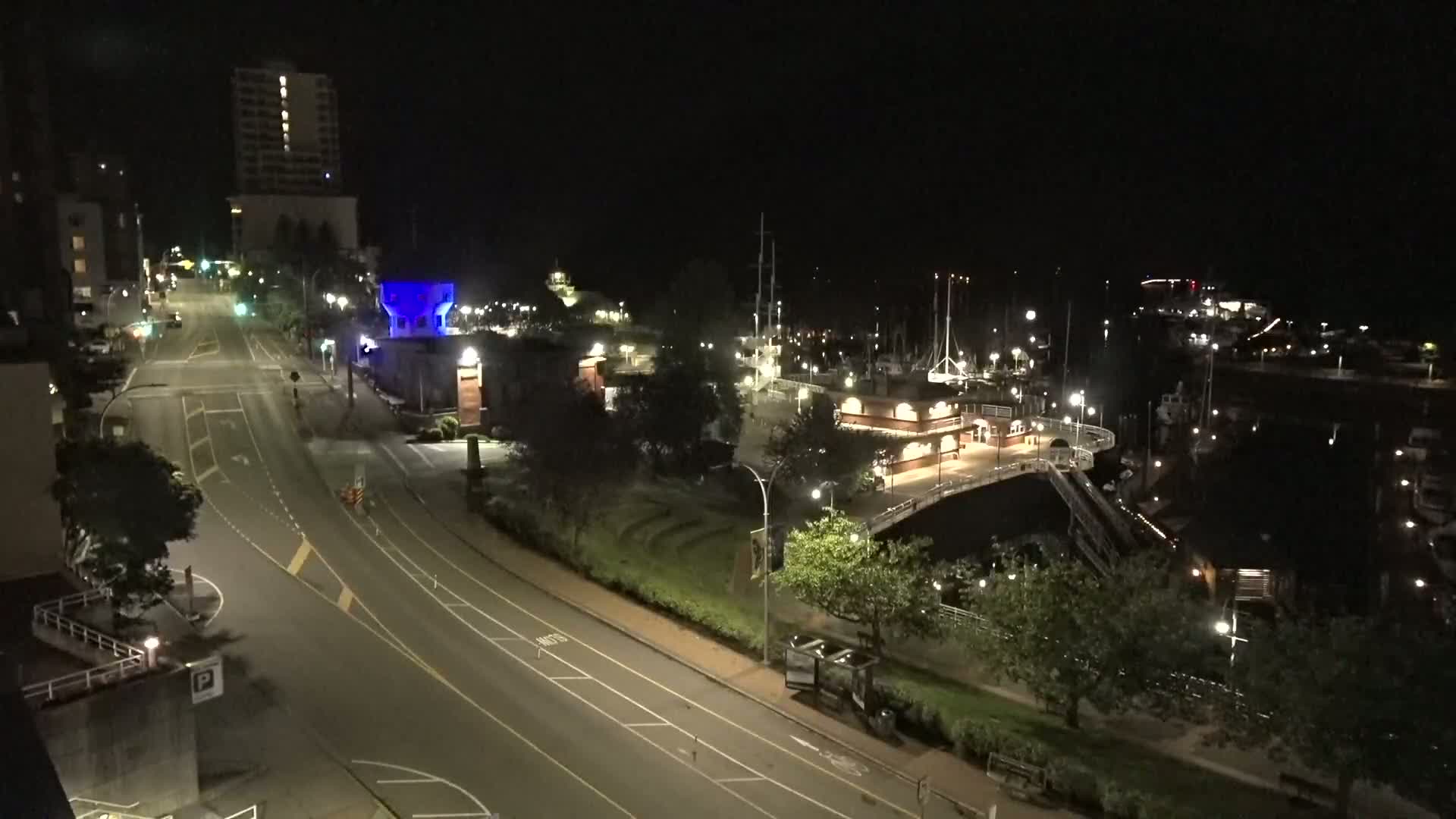 An empty nighttime road curves past a marina filled with docked boats and a waterfront park, lit by streetlights under a clear sky.