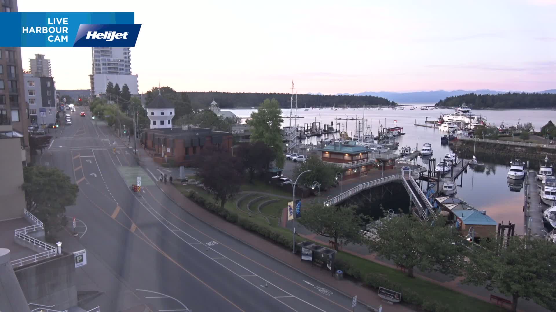 A calm harbor filled with boats is seen from an elevated viewpoint overlooking a mostly empty roadway and buildings at dawn.