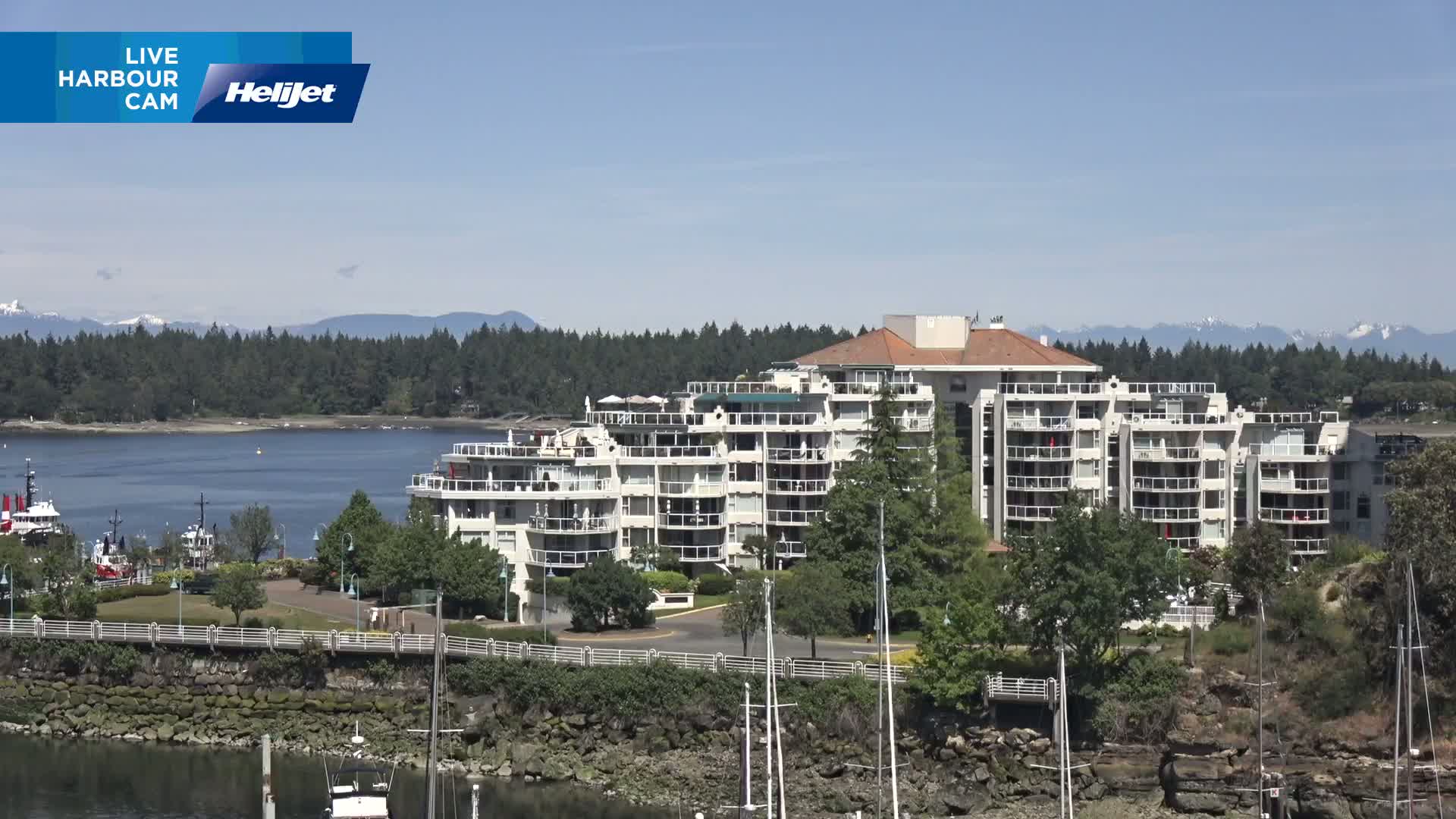 A large, multi-story apartment building sits on a waterfront overlooking a calm bay under a clear, sunny sky, with boats and several sailboats docked nearby.