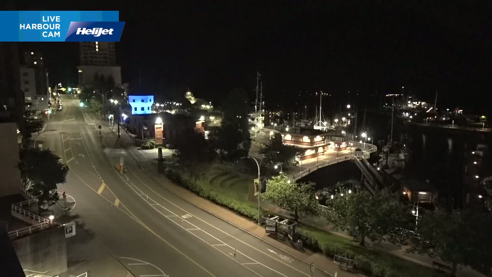 A nighttime, high-angle view of a harbor with docked boats, a roadway with minimal traffic, and surrounding buildings and trees under a clear sky.