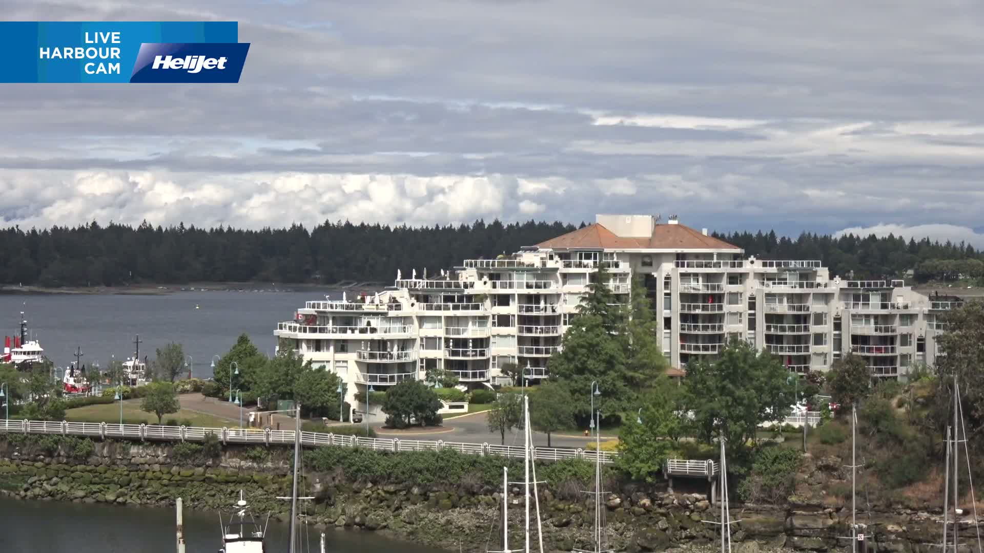 A large, multi-story apartment building sits on a waterfront, partially obscured by trees under a partly cloudy sky.