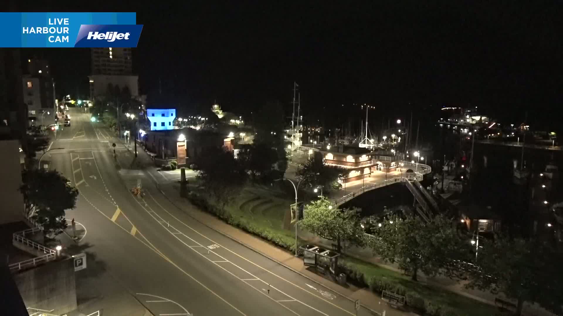 A nighttime, high-angle view of a harbor with boats docked, a roadway, and surrounding buildings and trees under clear skies.