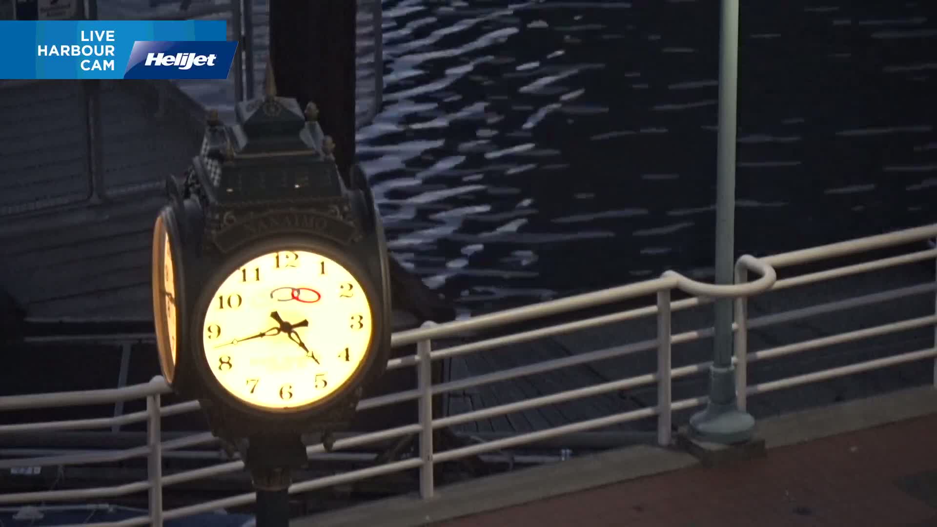 A lit, ornate clock stands on a post by a railing overlooking dark, rippling water at night.