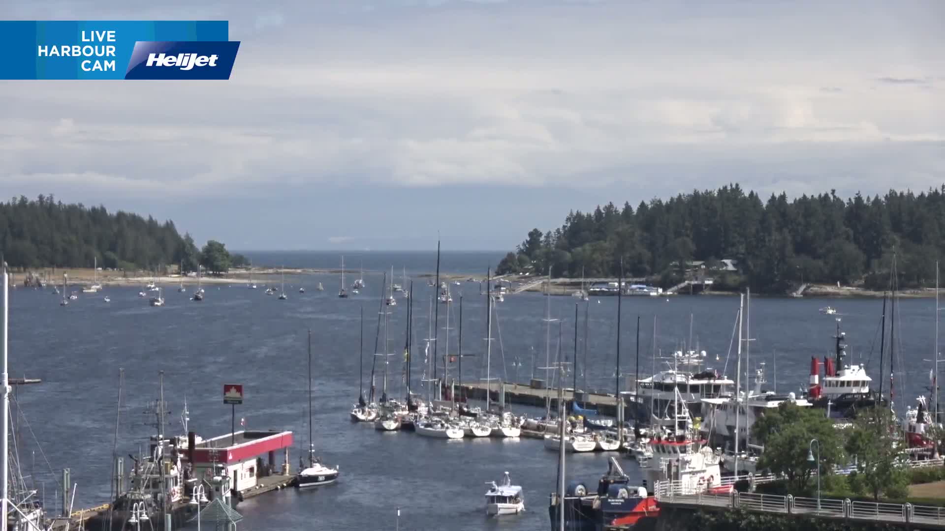 A harbor filled with sailboats and other vessels on a partly cloudy day.