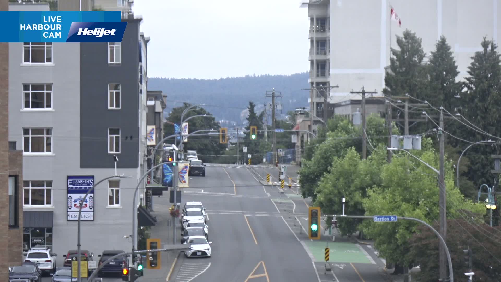 A mostly empty city street on an overcast day, with several cars parked and a few driving, lined with multi-story buildings and trees.