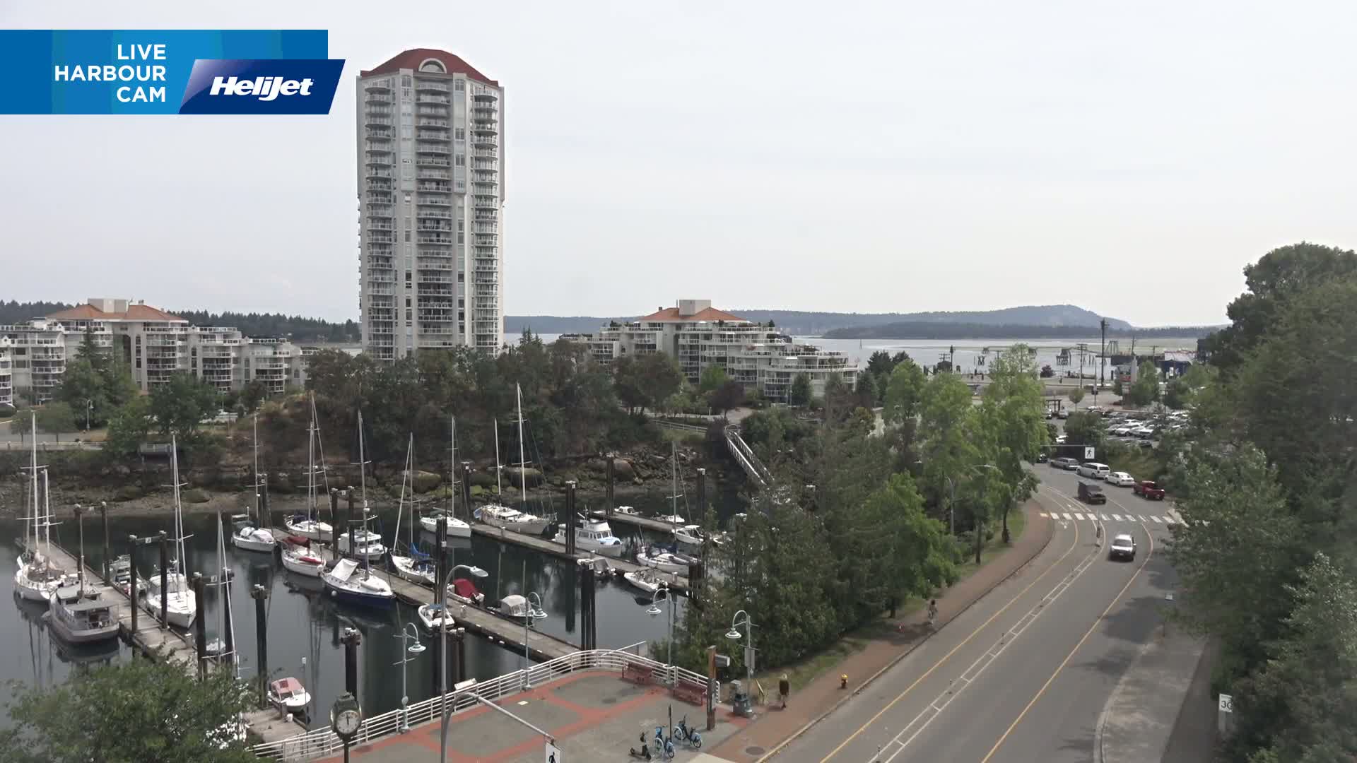 A marina filled with sailboats is situated beside a road with cars, next to a tall residential building, all under a mostly clear sky.