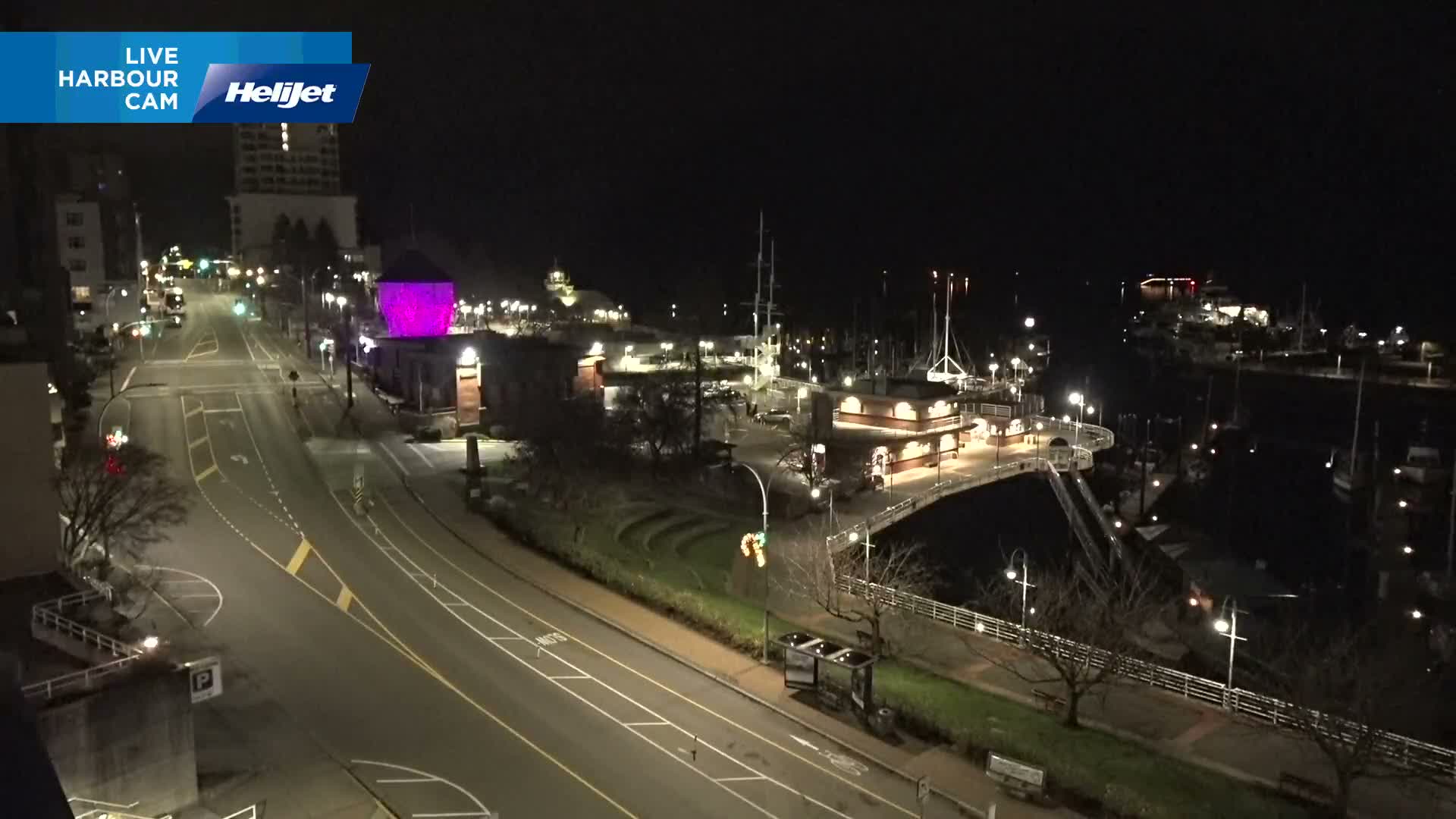 The image shows a clear night view of a city street winding alongside a brightly lit harbor filled with boats, featuring illuminated buildings including one glowing purple, under a dark sky.