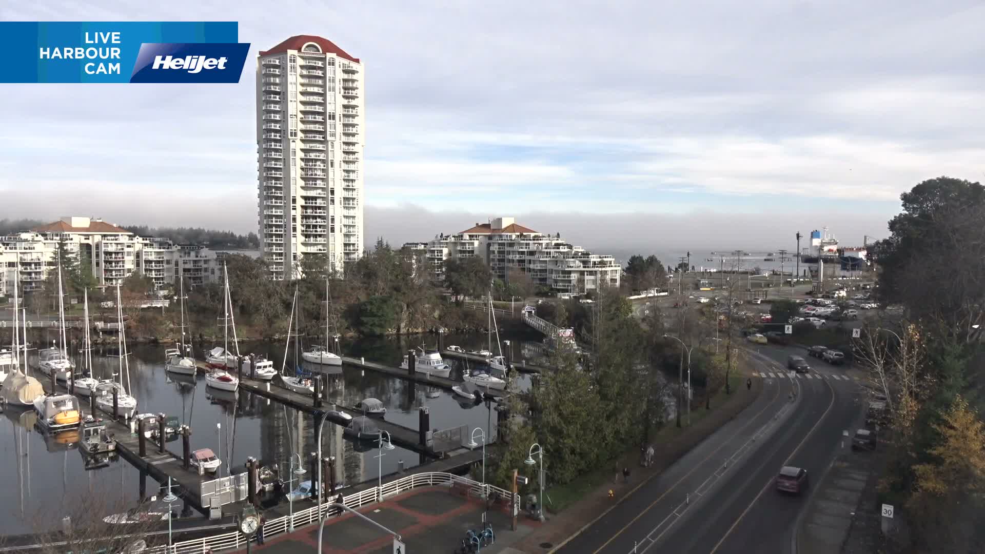The image displays a marina filled with various boats and yachts, surrounded by multi-story residential buildings and a winding road with traffic, all under an overcast and hazy sky with distant ships barely visible through the fog.
