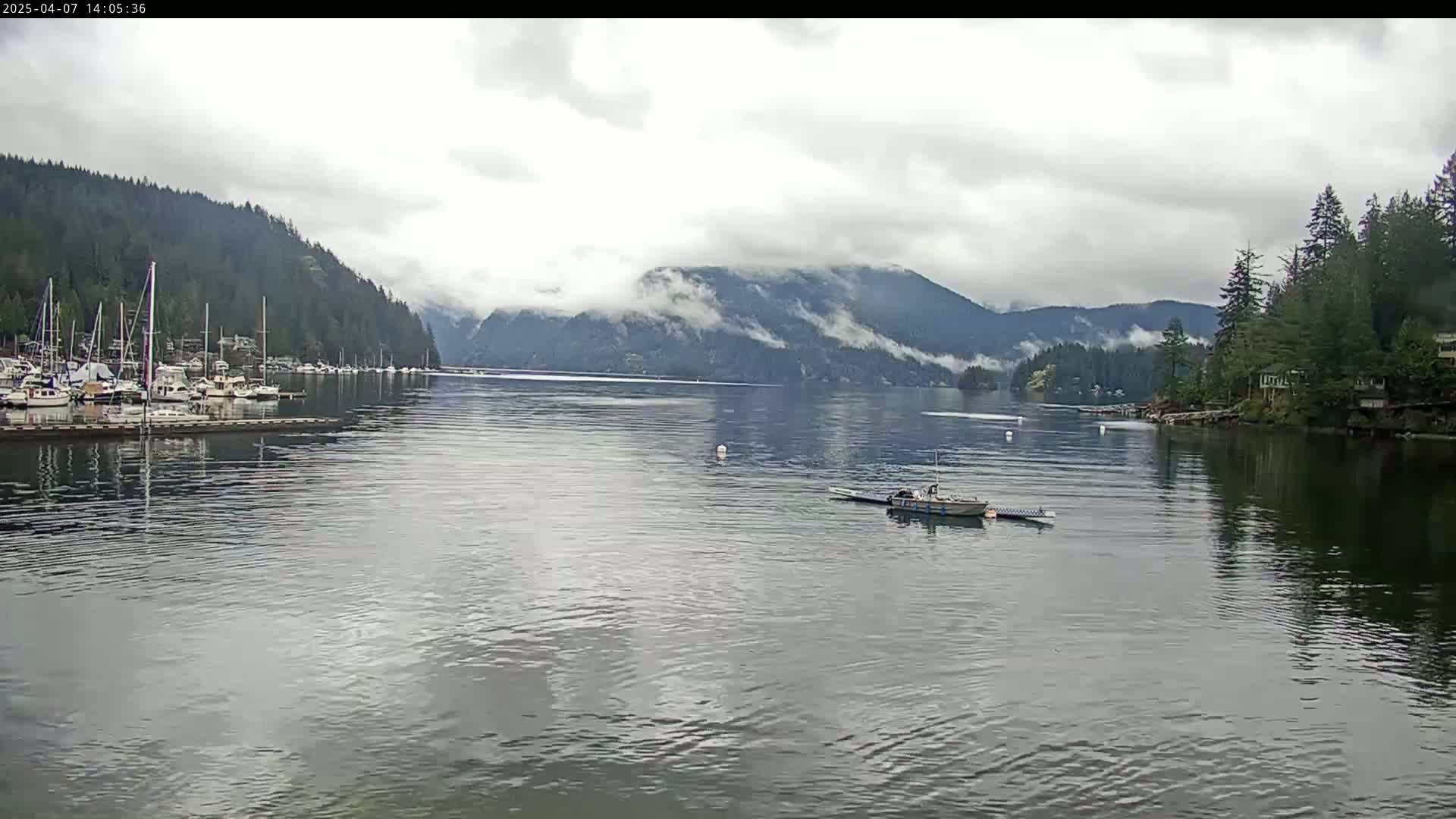 A calm bay with a marina full of sailboats is nestled between forested hills under a cloudy sky.